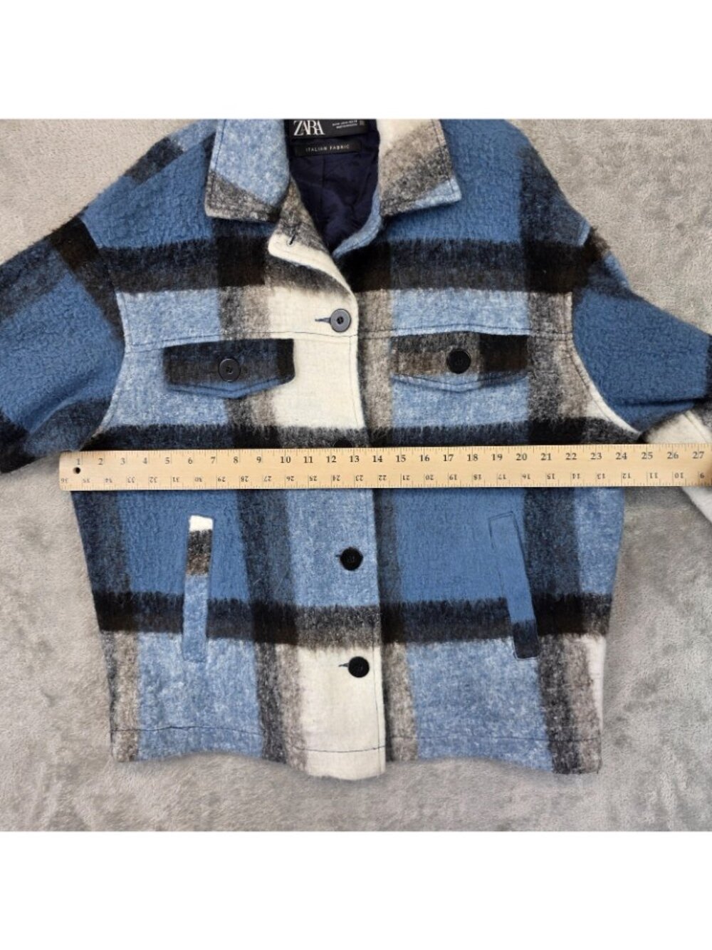 Zara Jacket Womens M Blue Plaid Wool Flannel Oversized Button Front Collared - Picture 7 of 9